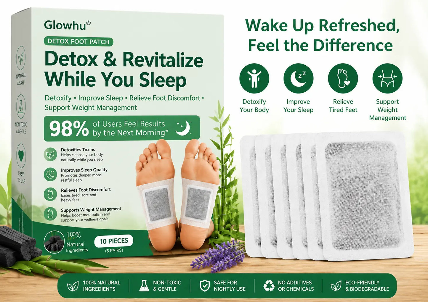 🌿 Brand New Upgrade Glowhu® Detox FootPatch – 10-Pack | Detox, Weight Loss, Sleep Support & Foot Pain Relief