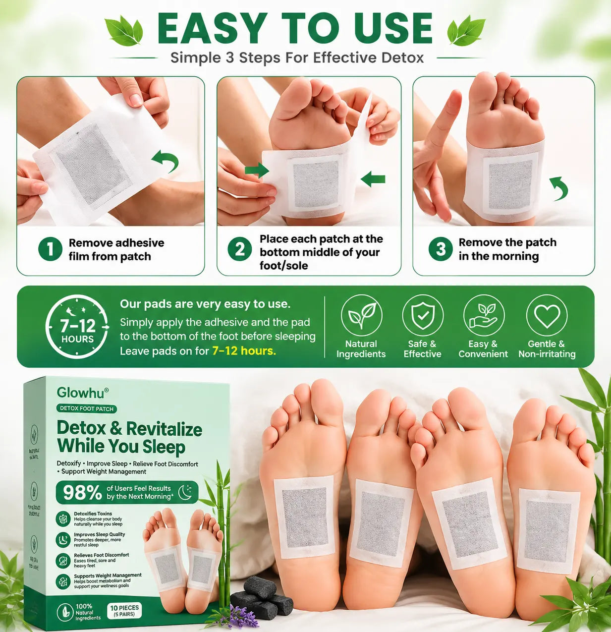 🌿 Brand New Upgrade Glowhu® Detox FootPatch – 10-Pack | Detox, Weight Loss, Sleep Support & Foot Pain Relief